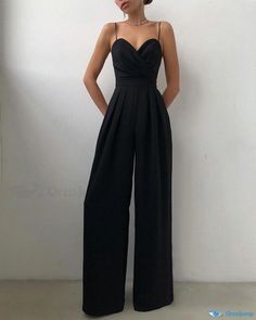 Orcajump - Womens V-Neck Jumpsuit with Adjustable Waist and Floor-Length Straight Pants Mode Fashion, Straight Pants, Dance Costumes, Floor Length, Black Pants, Jumpsuit, Sleeve Length, V Neck, Pants