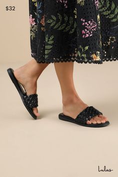 Summer just isn't the same without a cute go-to look like the Lulus Herriman Black Woven Flat Slide Sandals! These quintessential sandals have a smooth, faux leather construction that shapes an almond footbed and a wide, woven vamp strap. The effortless slide-on design allows for easy styling on the daily! Available in whole sizes only. 0. 5" rubber heel. Lightly cushioned insole. Rubber sole has nonskid markings. Man made materials. Imported. Lulus | Herriman Black Woven Flat Slide Sandal Heels Spring Break Outfit, Sandal Heels, Rubber Heels, Vacation Outfits, Leather Flats, Resort Wear, Slide Sandals, Rubber Sole, Sandals Heels