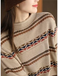 Details: Gender: Women Item Type: Cardigan Material: Cotton Pattern Type: Stripe Season: Spring, Autumn Style: Leisure, Daily, Retro Occasion: Going Out, Daily Size: One Size Length: 62.00 cm/ 24.41 " Bust: 122.00 cm/ 48.03 " Shoulder: 42.00 cm/ 16.54 " Sleeve: 59.00 cm/ 23.23 " Beige Cotton Sweater For Winter, Retro Crew Neck Cardigan For Fall, Fair Isle Sweater For Fall And Winter, Fall Fair Isle Pattern Sweater For Winter Wear, Fair Isle Pattern Sweater For Fall, Casual Long Sleeve Cardigan With Fair Isle Pattern, Warm Beige Sweater For Fall, Beige Fair Isle Pattern Tops For Winter, Beige Fair Isle Pattern Top For Winter