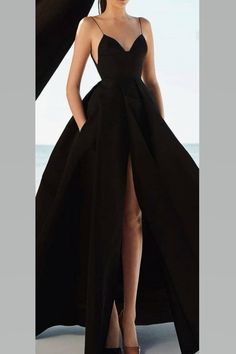 Pleats Black Long Prom Dresses With High Slit Front Evening Dress With Pockets Black Long Prom Dresses, Long Prom Dresses, Dress With Pockets, Evening Dress, Prom Dresses, Wedding Dresses, Prom, Dresses, Black