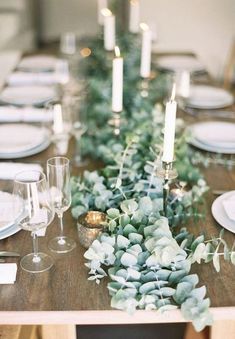 Close up of eucalyptus garland set on table Eucalyptus Wedding Decor, Deco Table Noel, Rustic Wedding Decorations, Stella York, Table Runners Wedding, Eucalyptus Wedding, Festive Tables, Wedding Table Decorations, Long Table