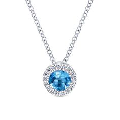 14K White Gold Diamond & Blue Topaz Necklace Gabriel Jewelry, Diamond Drop Necklace, Trending Engagement Rings, Halo Necklace, White Gold Necklace, Blue Topaz Necklace, Trending Necklaces, Ring Trends, Topaz Necklace