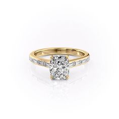 The Monica YG ECU Cushion Engagement Ring, Baguette Diamonds, Yellow Gold Engagement Rings, Hidden Halo, Channel Set, Baguette Diamond, Engagement Ring Settings, Classic Elegance, Halo