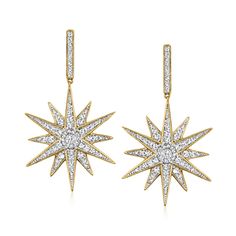 Ross-Simons - 1.00ct t. w. Diamond Starburst Drop Earrings in 18kt Gold Over Sterling. Here's a starry style you'll just adore. 1.00 ct. t. w. round brilliant-cut diamonds in white rhodium adorn exciting starbursts in 18kt yellow gold over sterling silver. A stellar pair of drop earrings for your collection. Hanging length is 1 1/2". Post/clutch, diamond starburst pendant necklace. Diamond birthstones are the perfect gift for April birthdays. Pendant Necklace Diamond, Starburst Pendant, Diamond Birthstone, Necklace Diamond, Fine Jewelery, Diamond Drop Earrings, Diamond Drops, Fine Jewellery Earrings, Round Brilliant Cut Diamond