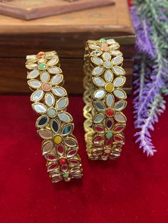 Brass base antique platted mirror bangles. pachili style comes is a set of 2 Handmade Multicolor Kundan Bangle, Bohemian Multicolor Kundan Bracelets, Party Multicolor Cutdana Bangle, Multicolor Chandbali Bangle With Stone Work, Party Multicolor Kundan Bangle, Mirror Bangles, Bangles, Brass, Mirror