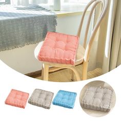 four different colors of cushions on a chair