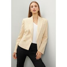 Brown linen blend (67% Linen, 33% Cotton). Blazer. Long sleeves. Front button closure. 23" from shoulder to hemline. Imported. Classic Linen Blazer For Office, Elegant Double-breasted Linen Outerwear, Classic Linen Office Blazer, Elegant Linen Blazer With Button Cuffs, Fitted Linen Blazer With Buttons, Chic Linen Business Blazer, Chic Linen Blazer For Business, Semi-formal Linen Blazer With Buttons, Timeless Linen Blazer For Fall