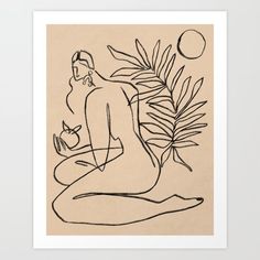 a drawing of a woman sitting on the ground with her legs crossed and holding a potted plant