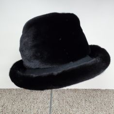 Ranch Mink Fur Brim Hat Kates Canada Inner Circumference Approx 22.5" Black Fur Felt Top Hat For Winter, Classic Black Fur Felt Cloche Hat, Black Fur Felt Hats For Party, Luxury Black Fedora With Short Brim, Luxury Black Fedora With Flat Brim, Black High Crown Fedora For Formal Occasions, Luxury Black Wide Brim Fedora, Black Formal Hat For Winter, Luxury Black Flat Brim Fedora