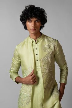 Pista green plain kurta with triple layer detail on hem. Paired with a Nehru Jacket hand embroidered with resham thread, tikki and chid and plain white pant. - Aza Fashions Plain Kurta, White Pant, Pista Green, Green Plain, Nehru Jacket, Nehru Jackets, Kurta Set, Pants Pattern, Plain White