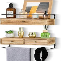 two wooden shelves with different types of items on them and one shelf holding soap, lotion, toothbrushes, and other bathroom accessories