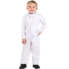 The Fun Costumes Toddler White Costume SuitSometimes a suit is the only costume you need! That may certainly be true for your little guy, which is why made this classic White Suit Costume for all of his costume adventures. With this easy to wear suit set, he can be any number of fun characters for Halloween, like a mobster, spy, a famous author, or even a kitchen colonel!Product Design:Our Kid's White Suit comes with a white suit jacket, white pants, a white shirt front, a bowtie, and a necktie. Fitted White Costume Sets, White Long Sleeve Sets For Costume Party, White Long Sleeve Dress-up Sets, White Long Sleeve Costume Party Set, Fitted White Sets For Dress-up, White Fitted Sets For Dress-up, White Fitted Dress-up Sets, White Suit Jacket, Suit Costume