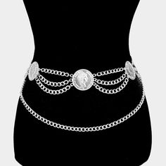 Style No : [467732] Wb1623-R Color : Rhodium Size : 6" H, 25" + 17" L Coin Metal Waist Chain Belt Silver Sash Belt, Waist Chain Belt, Floppy Sun Hats, Braided Leather Belt, Vintage Leather Belts, Beautiful Belts, Chain Belts, Leather Floral, Brown Leather Belt