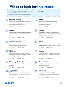 a blue and white checklist with the words what to look for in a rental