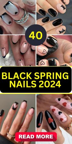 Black Nails For Spring, Black Easter Nails, Black Spring Nails, Spring Nail Color, Spring Nails Black, Black And Nude Nails, Latest Nail Colours, Tulip Nails