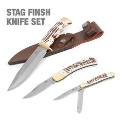 three knives with different types of knifes on them and the words stag finish knife set