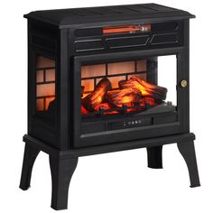 an electric stove with logs burning in the front and side panels on it's sides