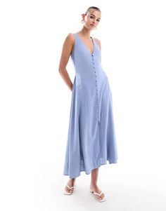 ASOS DESIGN button down linen look midi dress with full skirt in icy blue | ASOS Casual A-line Maxi Dress With Button Closure, Summer V-neck Dress With Button Back, Spring Linen Button-up Dress For Day Out, Blue A-line Linen Midi Dress, Spring Button-up Linen Dress For Day Out, Spring Linen Dress With Button Closure For Day Out, Sleeveless Button Closure Midi Dress For Summer, Summer A-line Midi Dress For Daywear, Chic Linen Button-up Dress