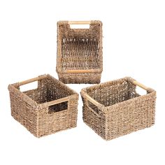 three wicker baskets with handles are shown in three different sizes and colors, one is empty