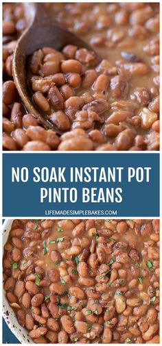 two pictures with the words no soak instant pot pinto beans on top and bottom