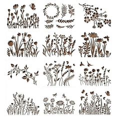 various flowers and plants drawn in brown ink