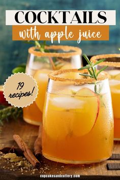 two glasses filled with apple juice and garnished with rosemary sprigs on top