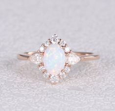 Lab Opal & Moissanite 14K Gold Ring - Felicegals Opal Wedding Ring Set, Opal Engagement Ring Set, Cute Engagement Rings, Opal Wedding, White Opal Ring, Future Engagement Rings, Opal Wedding Rings, Moissanite Wedding Ring, Rose Gold Morganite