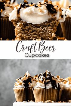 cupcakes with white frosting and chocolate sprinkles on top are shown side by side