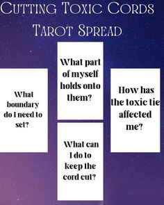 four pieces of paper with the words cutting tonic cords tarot spread on them in black and