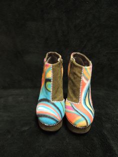 "Woman's size 6 Hippy, Boho. psychedelic, customized faux suede and fleece ankle boot/shoes. Like new, may have been worn once or twice. Hippy / Psychedelic customized shoes in a woman's size 6. Forest green faux suede with sections covered in a psychedelic fleece and rhinestone trimming. The chunky style heel is approx. 5\" High. They have a zipper on the side. Groovy Baby....Very Groovy" Retro Multicolor Boots For Winter, Fabric Boots With Round Toe For Winter, Fabric Winter Boots With Round Toe, Multicolor High-top Platform Boots, Multicolor High Ankle Platform Boots, Multicolor Platform Boots With Round Toe, Festival Platform Boots With Round Toe, Multicolor Round Toe Platform Boots, Customized Shoes