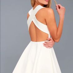 Lulus White Razor Back Skater Dress With Tags, Size Small, Great For Graduation! 67% Viscoe, 28% Nylon, 5% Spandex, Open Back Periwinkle Dress, White Lace Skater Dress, White Skater Skirt, White Dresses Graduation, White Skater Dresses, Cute White Dress, Knit Skater Dress, Black Skater Dress, Dress Mermaid