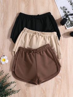 3pcs Solid Color Knitted Bowknot Casual Shorts Set For Tween Girls Khaki Casual    Plain Track Shorts Slight Stretch  Tween Girls Clothing, size features are:Bust: ,Length: ,Sleeve Length: Cute Clothes For 11yrs, Shorts For School, Short Shein, Cute Short Shorts, Butterfly Shorts, Work Out Shorts, Cute Outfits With Shorts, Shorts Aesthetic, Adrette Outfits