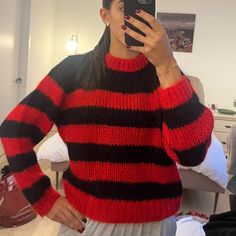 Perfect Condition Crew Neck Red & Black Stripe Wool Sweater Size S Black And Red Striped Sweater, Black Stripe Sweater, Ganni Sweater, Wool Sweater, Red Sweaters, Stripe Sweater, Wool Sweaters, Black Stripes, Colorful Sweaters