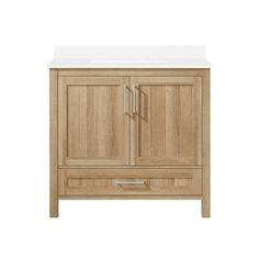 a bathroom vanity with a white sink and wooden cabinet doors on the front, side view