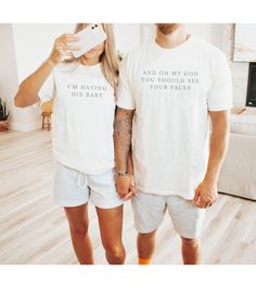 Inspired by But Daddy I Love Him - this would make the cutest pregnancy announcement for a Taylor Fan!  Also Comes As A Set & Can Be Customized! *See options in drop down menu* Shirt 1: I'm Having His Baby (can be changed to "Babies" for multiples) Shirt 2: And Oh My God You Should See Your Faces *OR* She's Having My Baby  *PLEASE ENTER THE SIZE AND WHICH TEXT OPTION YOU'D LIKE FOR SHIRT 2 IN THE PERSONALIZION BOX BELOW* (Options: "Oh My God"/"OMG" *OR* "She's Having My Baby/Babies") * Please do Poets Shirt, But Daddy I Love Him, Daddy I Love Him, Baby Announcement Shirt, Eras Tour Shirt, Funny Bride, Funny Wedding Gifts, Cute Pregnancy Announcement, Poet Shirt