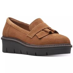 A Contemporary Update On The Classic Loafer, Airabell Slip Has Truly Modern Appeal That Melds With Features For Feel-Good Wear. An Ultimate Comfort Foam Footbed Combines With Heel And Arch Support For Luxurious All-Day Comfort. Heel Height - 1.96" Shoe Width - Medium, Narrow, Wide, Extra Wide Slip On Ortholite For Ultimate Comfort, Cushioned Insole Lightweight Flexible Suede Upper, Textile Lining, Manmade Outsole A Ruffle Detail Adds Feminine Flair And Elevated Wedge Heel Feels Fresh, Modern And Clarks Women, Wedge Loafers, Loafers Online, Casual Dress Shoes, Clarks Women's, Suede Flats, Shoe Carnival, Womens Clarks, Dark Khaki