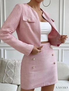 Lasaky - Fashionable Set of Jacket and Skirt - Perfect for Any Occasion Chanel Tweed Outfit, Pink Tweed Set, Blazer Skirt Outfit, Tweed Skirt Outfit, Pink Tweed Skirt, Green Plaid Skirt, Jacket And Skirt Set, Plaid Skirt Set, Tweed Set