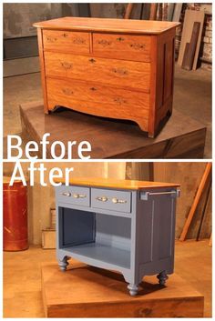 an old dresser is transformed into a new piece of furniture with chalk paint and wood veneers