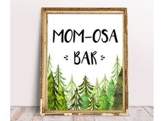 an art print with the words hot cocoa bar in front of some pine trees on a white background