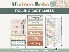 the modern boho rolling cart labels are shown