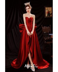 Buy sweetheart high low red satin formal dress with big bow in back at wholesale price online. Free shipping and pro custom service since 2009. Satin Ball Gown With Corset Back For Gala, Satin Dresses With Sweetheart Neckline For Banquet, Strapless Satin Ball Gown For Parties, Satin Ball Gown With Sweep Train For Party, Satin Ball Gown With Sweetheart Neckline For Party, Party Ball Gown With Satin Finish, Prom Season Satin Ball Gown With Sweep Train, Elegant Red Strapless Ball Gown, Floor-length Prom Dress With Bow