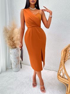 F00220042-105 Split Dress, Strap Dress, Slim Waist, Asymmetrical Dress, Club Dresses, Skirt Length, Orange Color, Dress Skirt, Types Of Sleeves