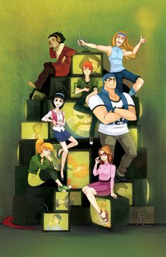 cartoon characters sitting on top of cubes in front of a green background