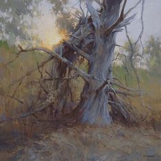 an oil painting of a tree in the woods