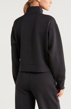 A luxuriously soft knit amps up the comfortable appeal of this sporty stand-collar jacket with a boxy, layer-ready fit perfect for before and after the gym. 21 1/2" length (size Medium) Stand collar Tencel modal is a sustainably produced fiber made with closed-loop processing and is certified with the EU Ecolabel as having a low environmental impact throughout the entire lifecycle 49% polyester, 43% Tencel® modal, 8% spandex Machine wash, tumble dry Imported Modern Long Sleeve Track Jacket With Ribbed Cuffs, Modern Track Jacket With Ribbed Cuffs, Athleisure Sweatshirt With Funnel Neck And Ribbed Cuffs, Athleisure Funnel Neck Sweatshirt For Layering, Sporty Funnel Neck Track Jacket For Fall, Black Athleisure Outerwear For Loungewear, Sporty Fall Track Jacket With Funnel Neck, Sporty Turtleneck Sweatshirt With Ribbed Collar, Sporty Turtleneck Sweatshirt With Ribbed Cuffs