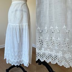 I love when I am able to find a variety of sizes in antique clothes! this petticoat has a 31' waist and would be very wearable as a skirt or underskirt. yoked top and full machine embroidered bottom. hook and eye back closure. it has been gently hand cleaned. Antique clothing must be worn with extreme care as fabrics tend to get more fragile with age. There may be some small tears or discolorations I missed. please look carefully at photos as they are part of the description. Waist 31 hip 50+ sl Vintage Full Skirt Dress With Ruffles, Fitted Vintage Cotton Petticoat, Vintage Fitted Petticoat For Daywear, Fitted Vintage Style Summer Petticoat, Fitted Daywear Petticoat With Full Skirt, Fitted Full Skirt Petticoat For Daywear, Daywear Dress With Lace Trim And Tiered Skirt, Long Cotton Dress With Ruffles, Lace Trim Tiered Skirt Dresses For Daywear