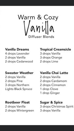 the warm and cozy vanilla diffuse blend is available in three different flavors, including vanilla