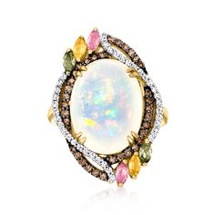 Ross-Simons - Opal, .60ct t. w. Multicolored Sapphire Ring, .61ct t. w. Brown, White Diamonds. Size 7. Beautifully designed to feature sumptuous sparkle and a delightful color palette, this statement-making ring presents a 16x12mm oval opal cabochon amid swirling borders of .61 ct. t. w. brown and white round brilliant-cut diamonds. Vibrant trios of .60 ct. t. w. marquise sapphires pop in shades of pink, yellow and green. Finely crafted in polished 14kt yellow gold. Black rhodium. 1" wide. Multi Ethiopian Opal Ring, Diamond Birthstone, Multi Sapphire, Mixed Metal Jewelry, Purple Jewelry, Yellow Gold Jewelry, Sapphire Color, Black Rhodium, Sapphire Stone