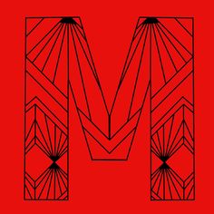 the letter m is made up of geometric lines and points on a red background with black outline