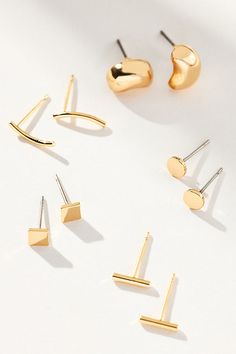 Set of five earrings Gold: 14k gold-plated brass Silver: Rhodium-plated brass Post styling Imported | Post & Huggie Earrings, Set of 5 by Anthropologie in Gold, Women's, Gold/Plated Brass Earring Photoshoot, Anthropologie Earrings, Jewelry Post, Hanging Earrings, Hypoallergenic Earrings, Huggie Earrings, Accessories Jewelry Earrings, Gold Mirror, Gold Set